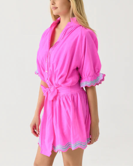 Neon Pink Belted Dress with Ruffled Trim
