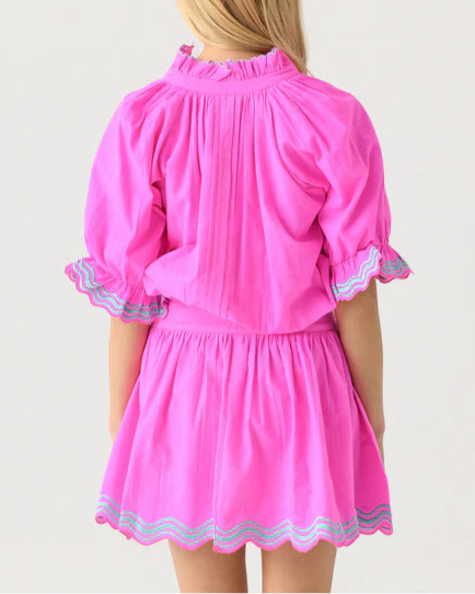 Neon Pink Belted Dress with Ruffled Trim