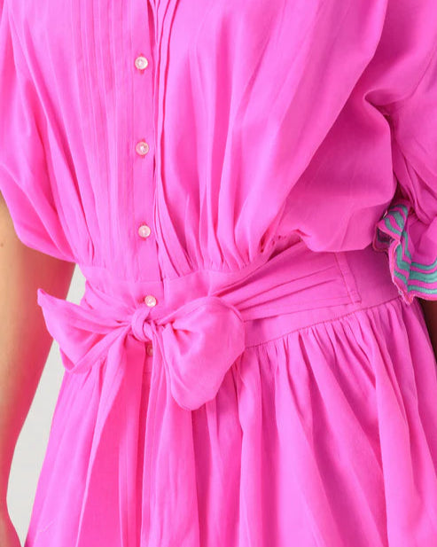 Neon Pink Belted Dress with Ruffled Trim