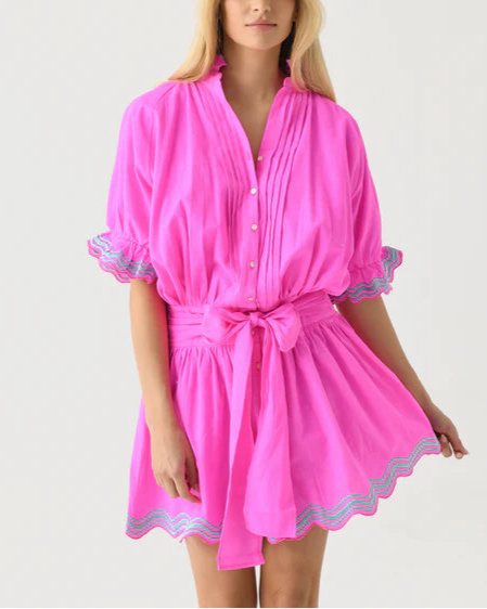 Neon Pink Belted Dress with Ruffled Trim