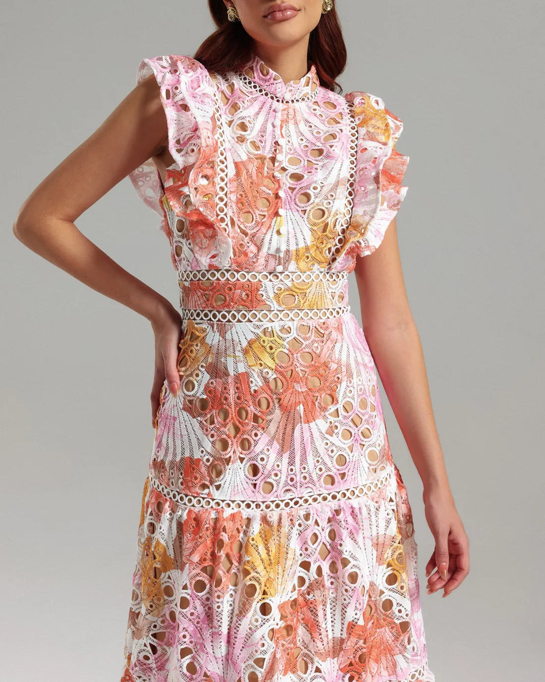 Embroidered Openwork Stand Collar Dress