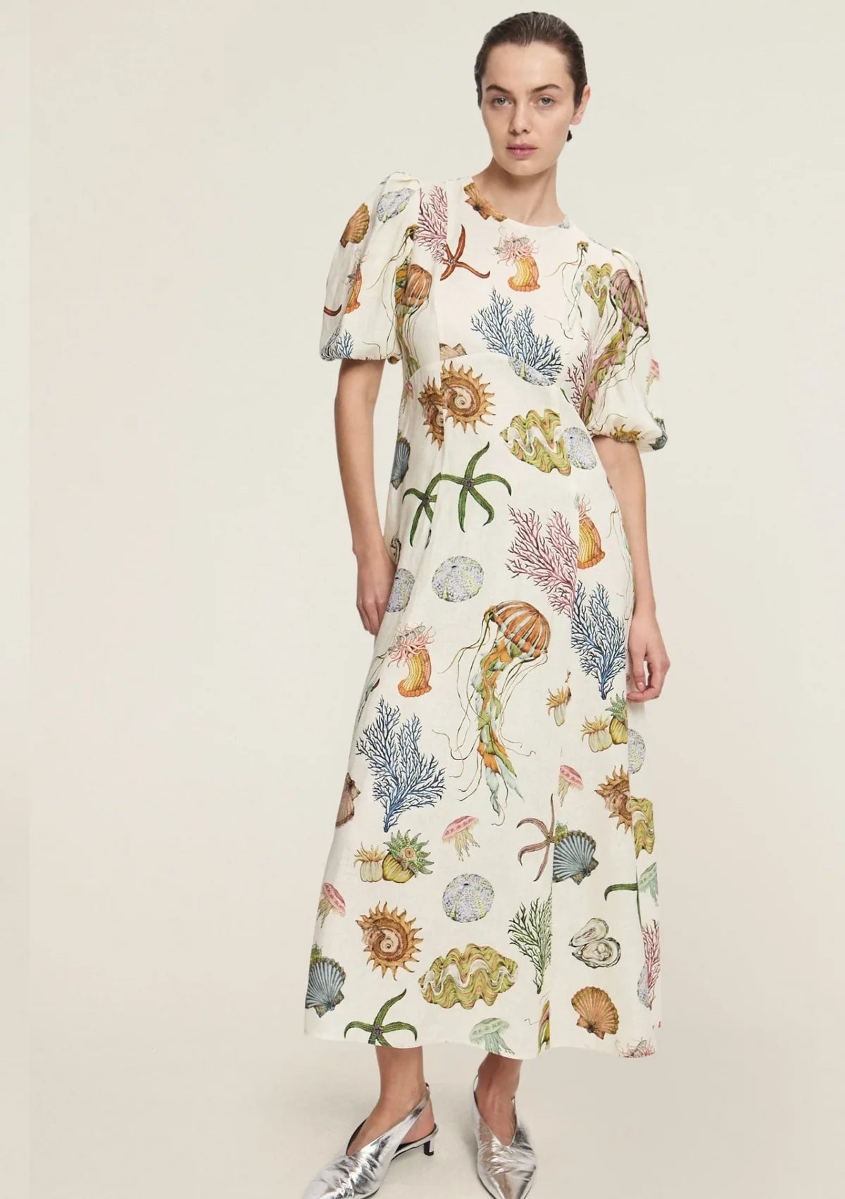 Marine - Themed Printed Puff - Sleeve Midi Dress