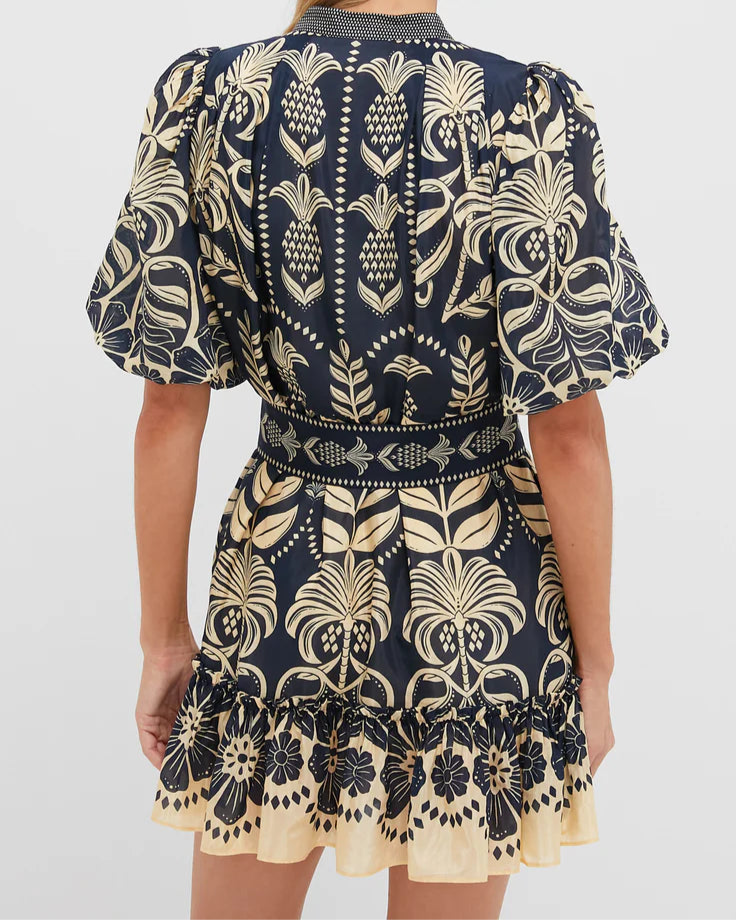 Printed Belted Mini Dress with Puff Sleeves
