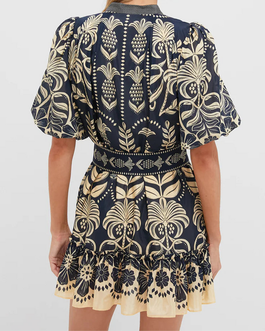 Printed Belted Mini Dress with Puff Sleeves