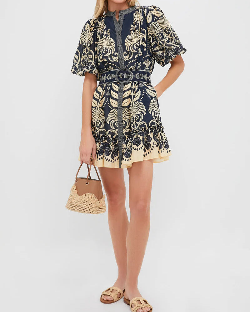 Printed Belted Mini Dress with Puff Sleeves