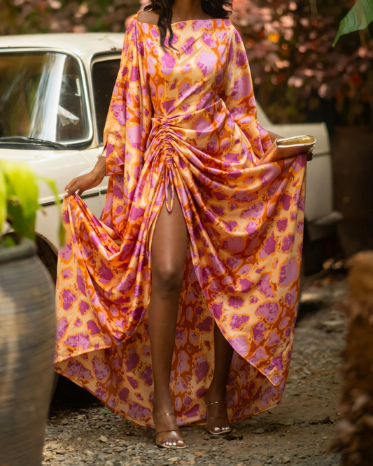 Abstract - Print Off - Shoulder Ruched Maxi Dress