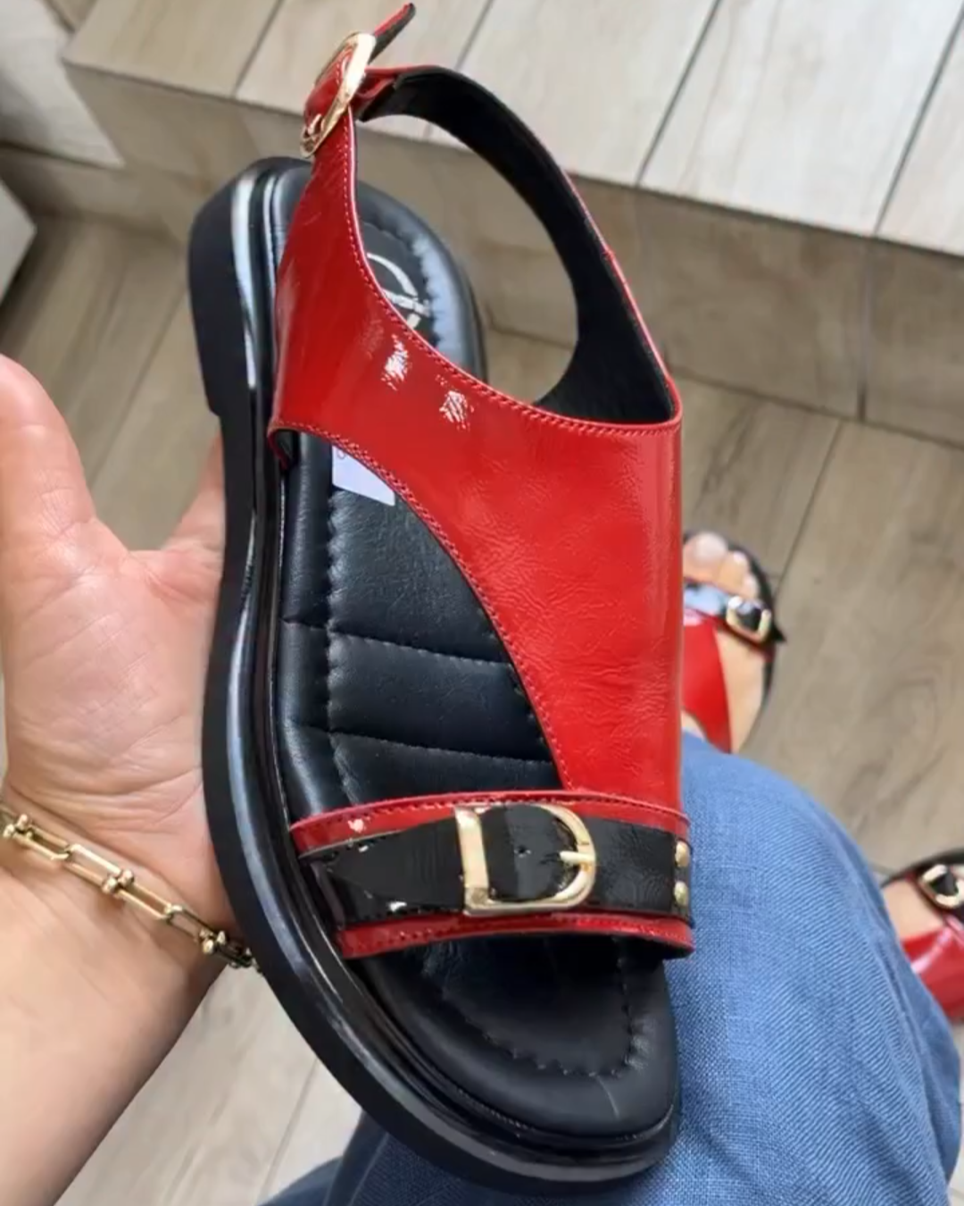 Red - Black Patent Leather Buckle - Strap Platform Sandals