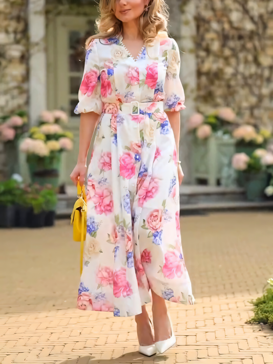 Premium Floral Print V-neck Midi Dress