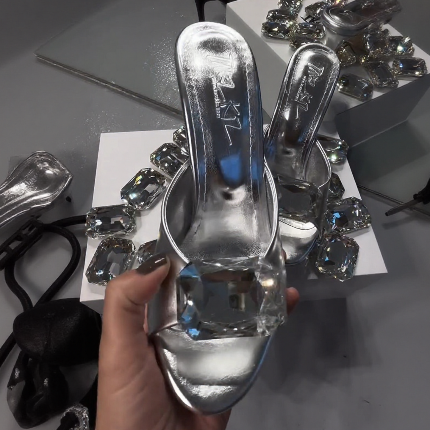 Crystal - Embellished High - Heel Sandals in Silver and Black