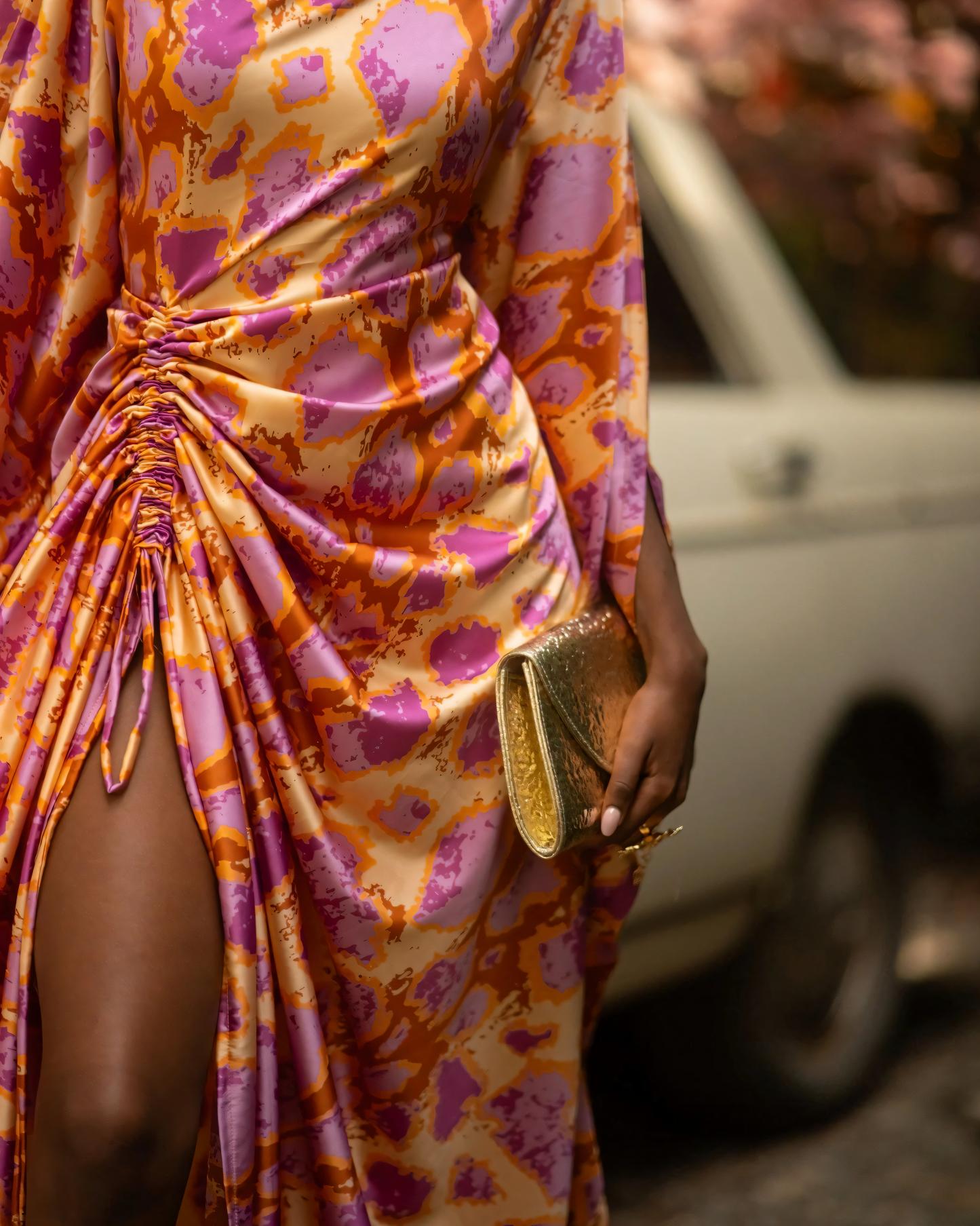 Abstract - Print Off - Shoulder Ruched Maxi Dress