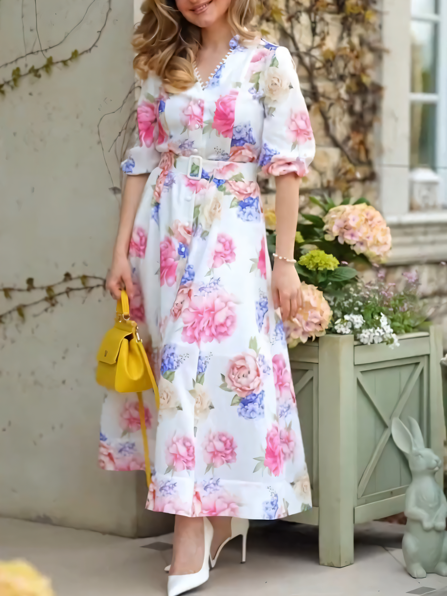 Premium Floral Print V-neck Midi Dress