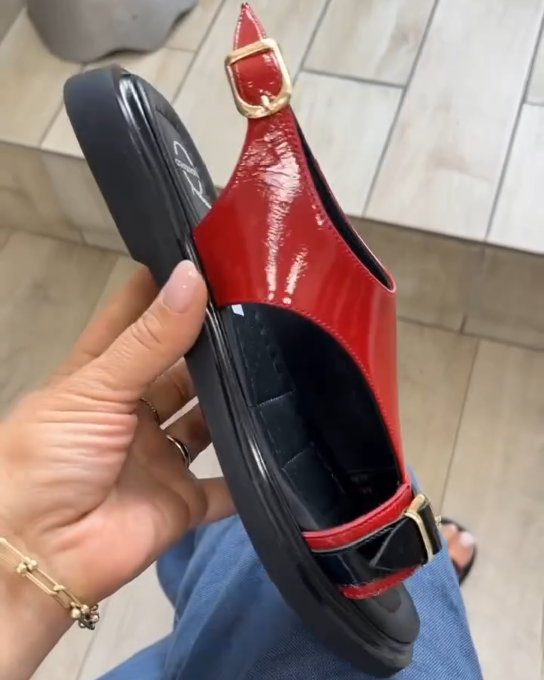 Red - Black Patent Leather Buckle - Strap Platform Sandals