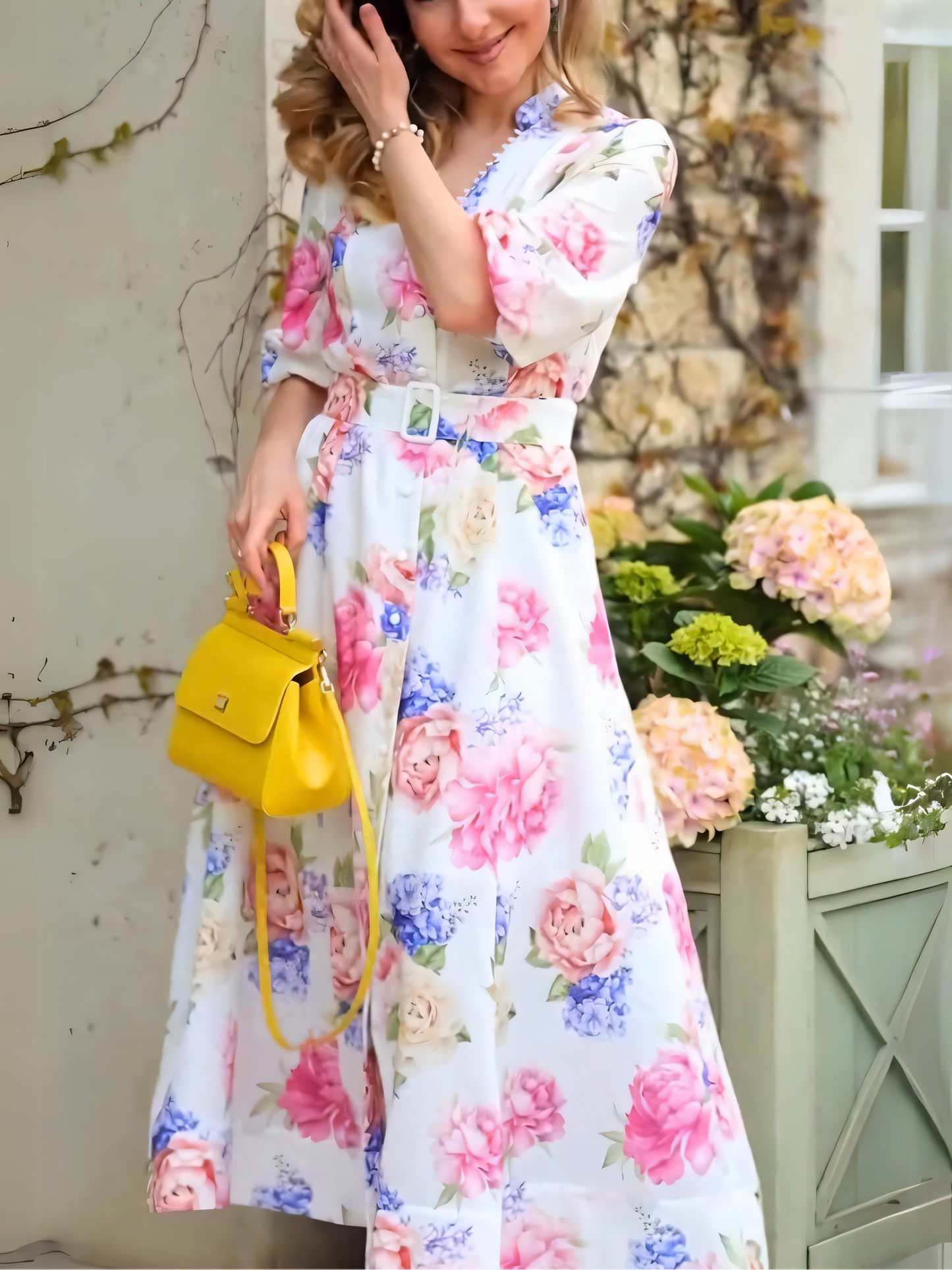 Premium Floral Print V-neck Midi Dress