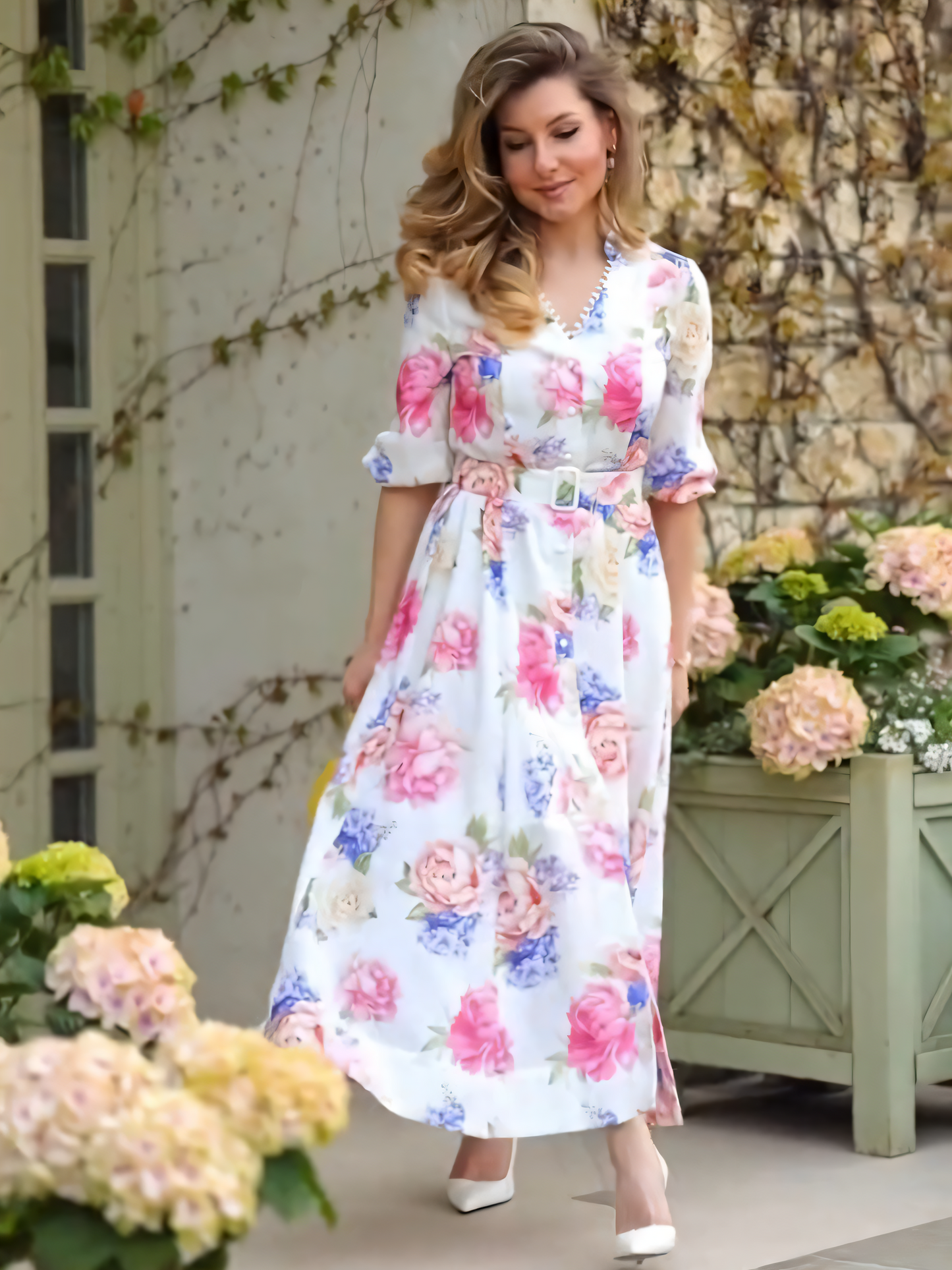 Premium Floral Print V-neck Midi Dress