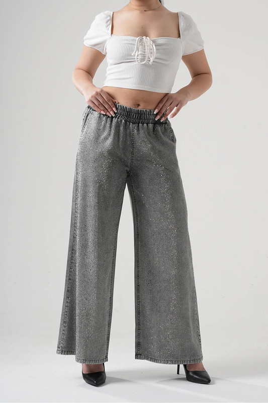 Rhinestone - Embellished Wide - Leg Pants