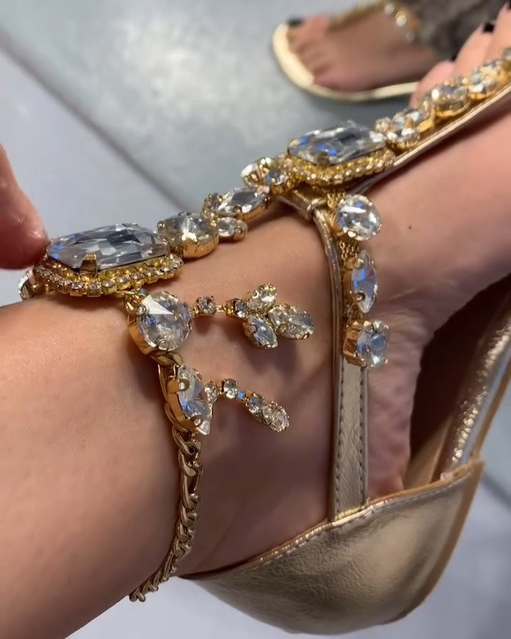 Rhinestone - Embellished T - Strap Flat Sandals