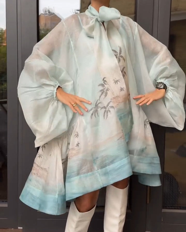 Bow Lantern Sleeves Sea View Coconut Print Dress