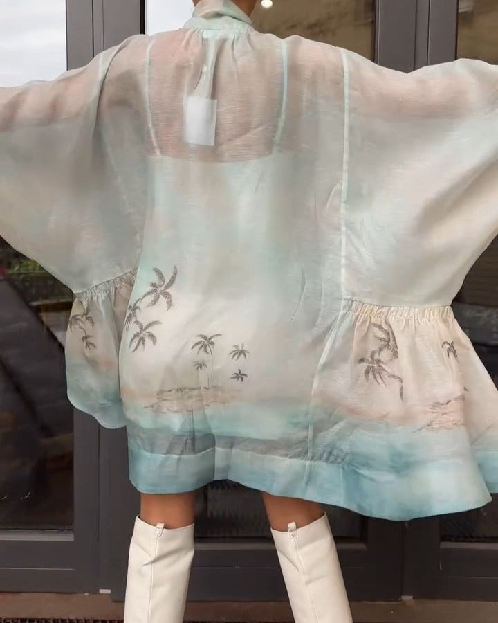 Bow Lantern Sleeves Sea View Coconut Print Dress