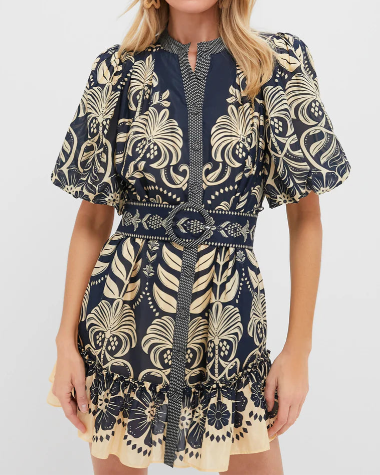 Printed Belted Mini Dress with Puff Sleeves
