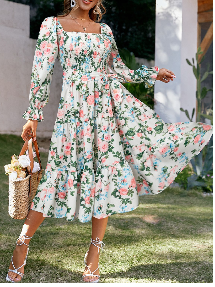 Square Collar High Waist Horn Loose Dress