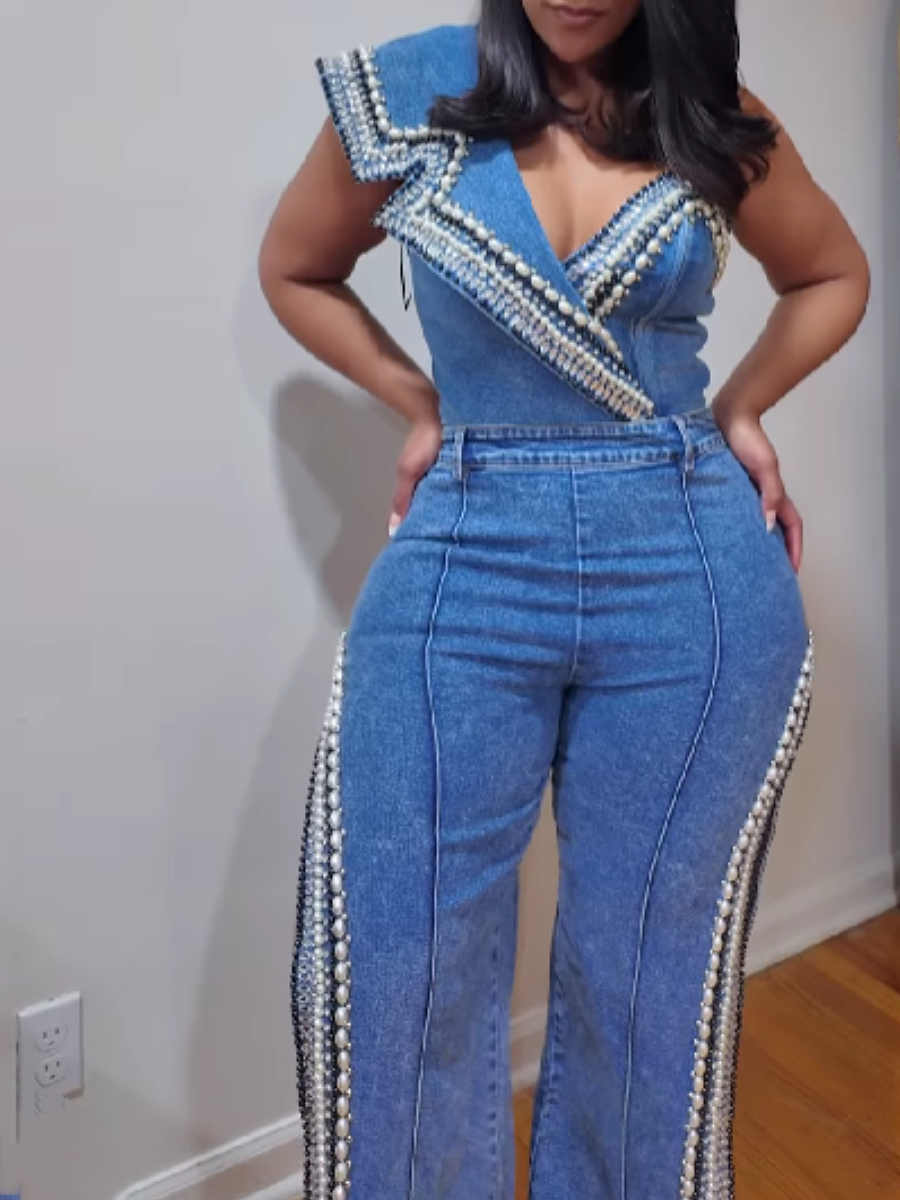 Slinted Shoulder-length Pearl-trimmed Denim Suit