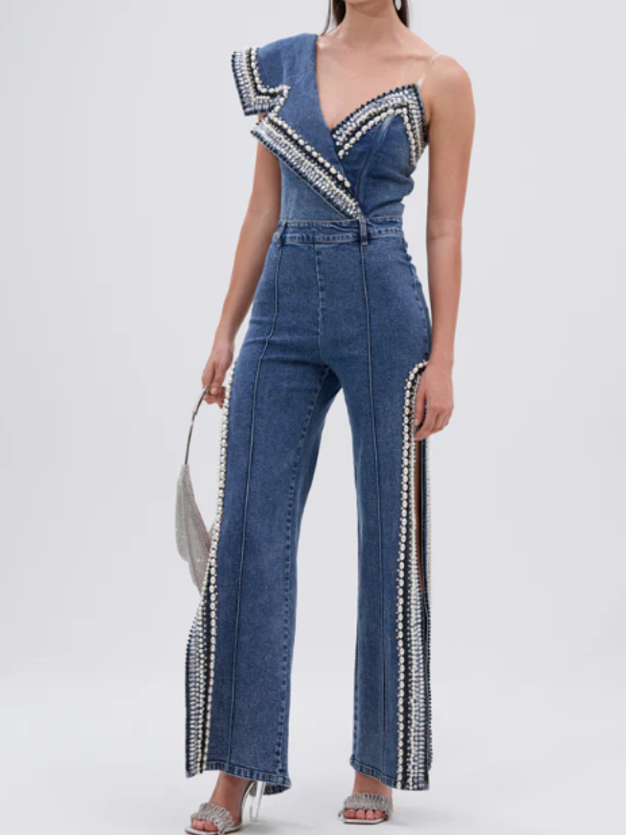 Slinted Shoulder-length Pearl-trimmed Denim Suit