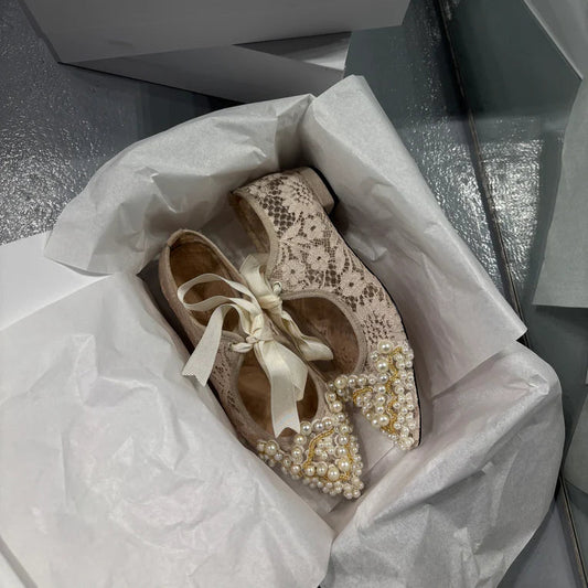 Lace Flats with Pearl & Bow Details