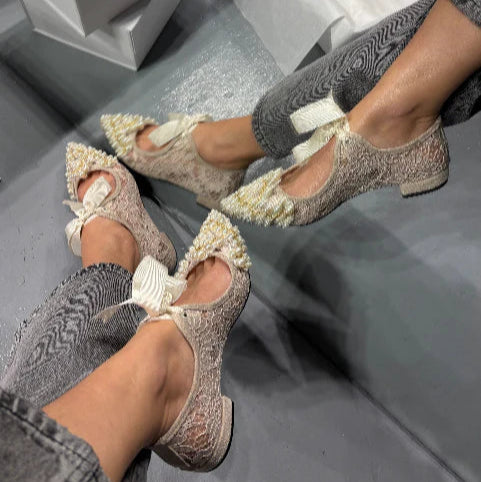 Lace Flats with Pearl & Bow Details