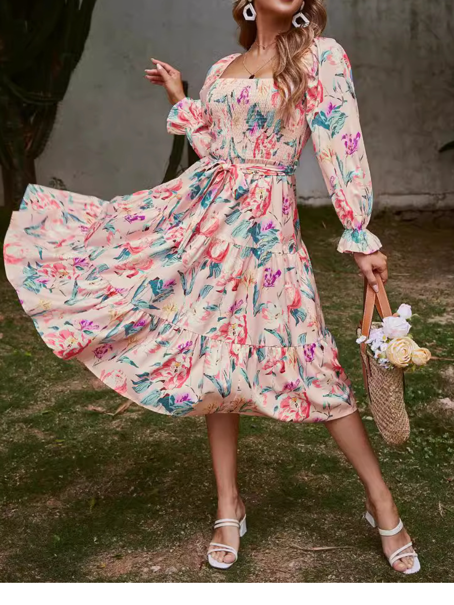 Square Collar High Waist Horn Loose Dress