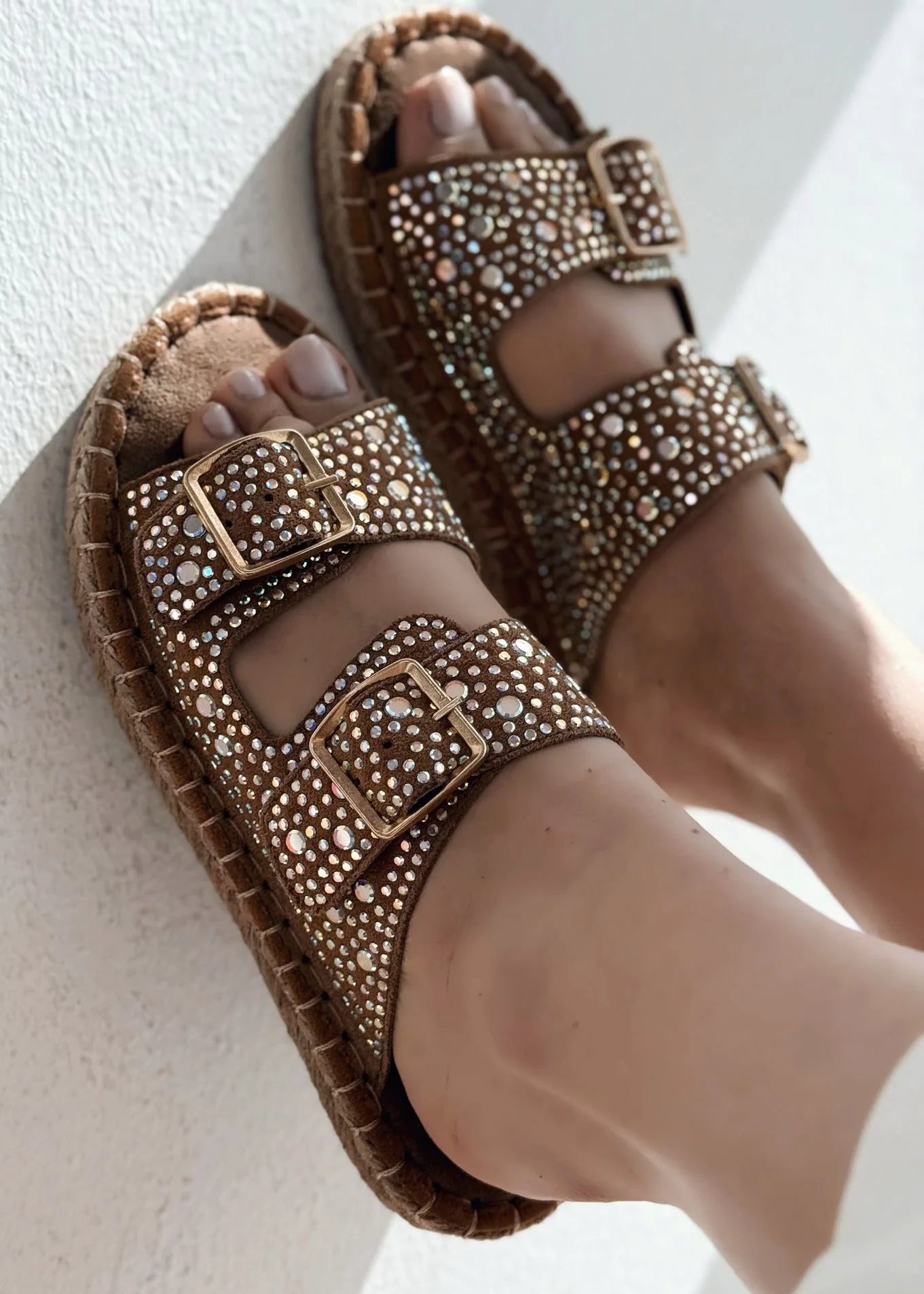 Rhinestone Double - Buckle Slide Sandals
