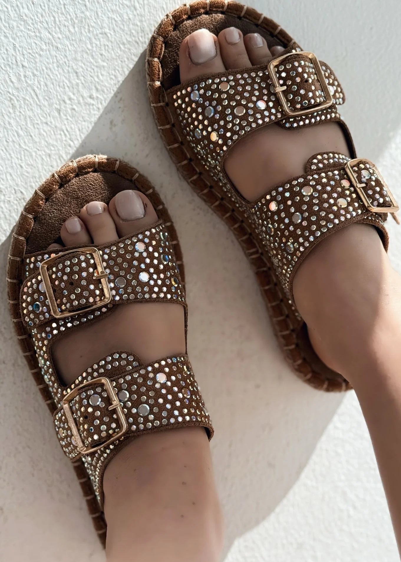 Rhinestone Double - Buckle Slide Sandals