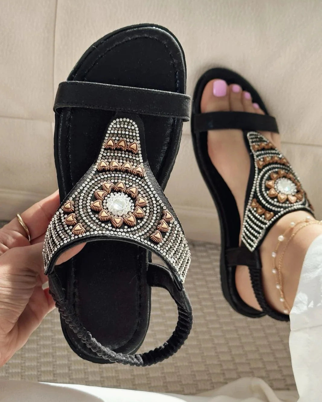 Embellished T - Strap Flat Sandals