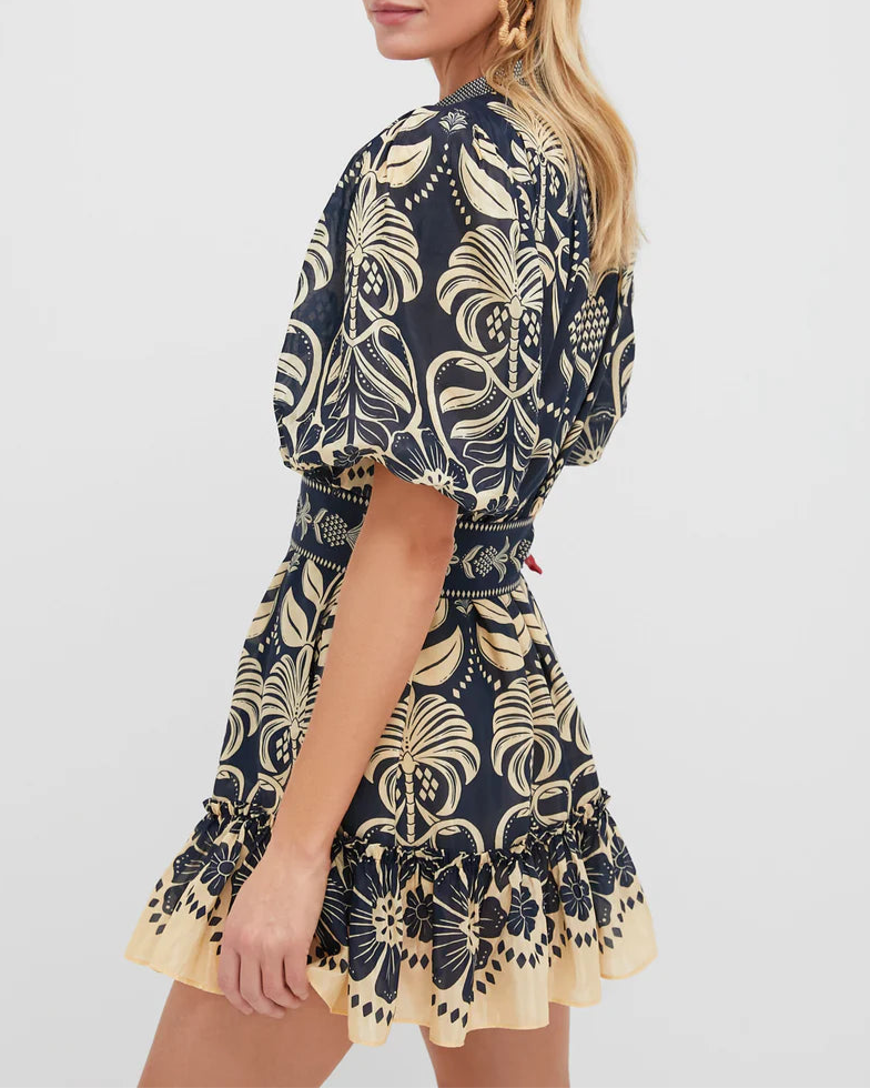 Printed Belted Mini Dress with Puff Sleeves