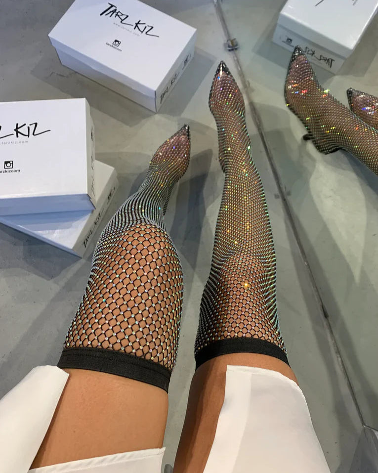 Rhinestone Fishnet Thigh - High Boots