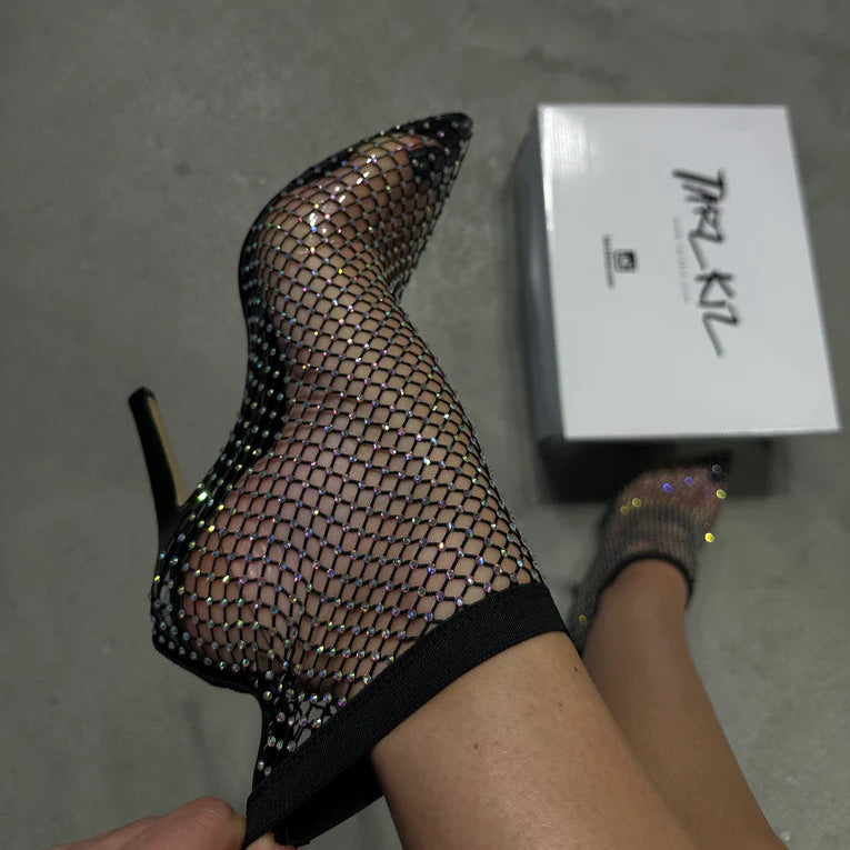 Rhinestone - Encrusted Mesh Stiletto Booties