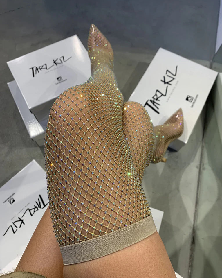 Rhinestone Fishnet Thigh - High Boots