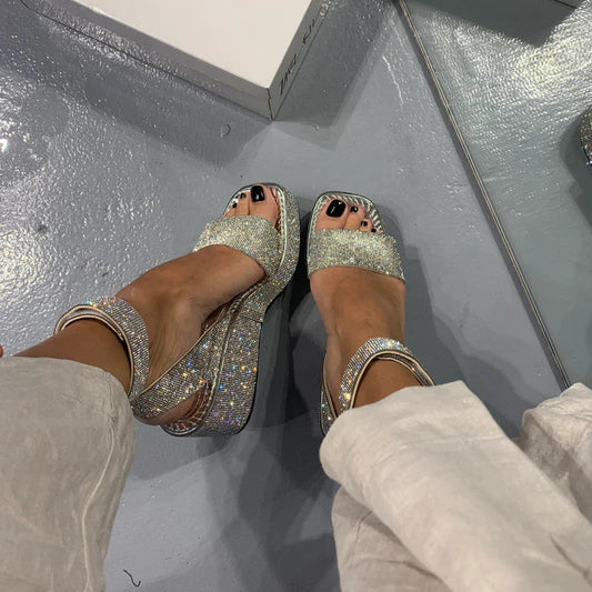 Rhinestone - Studded Square - Toe Chunky Heel Mules
