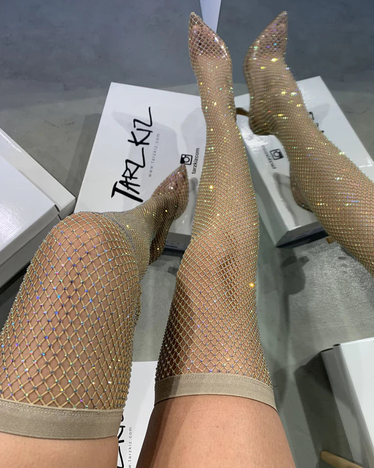 Rhinestone Fishnet Thigh - High Boots
