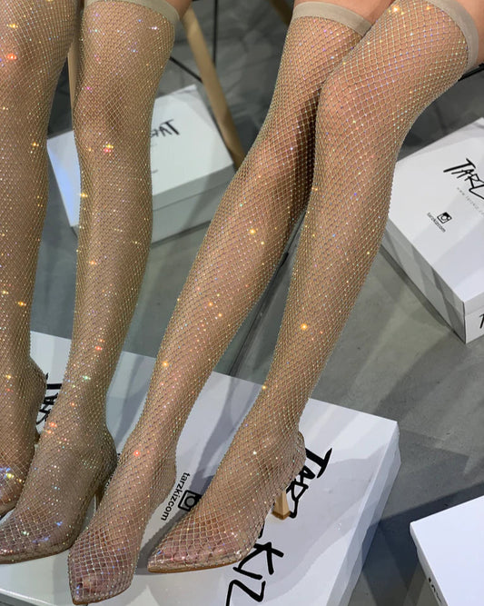 Rhinestone Fishnet Thigh - High Boots