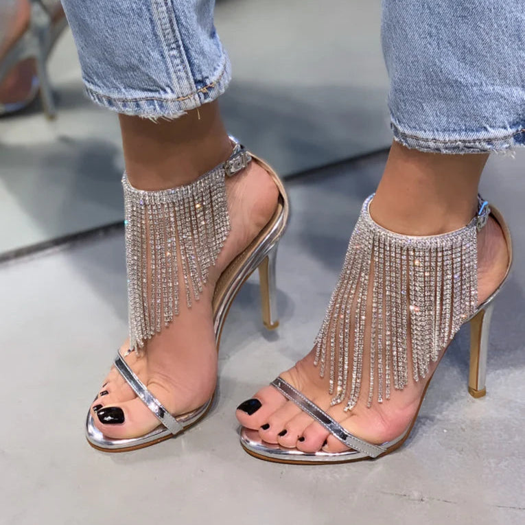 Rhinestone - Embellished Square - Toe Heeled Mules