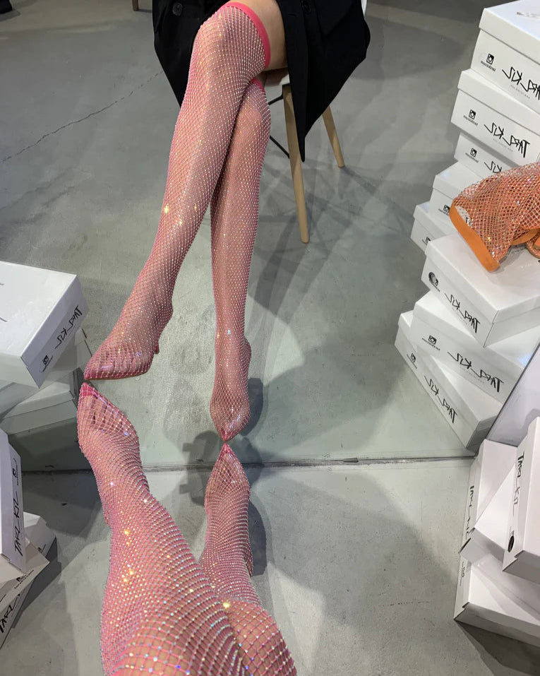 Rhinestone Fishnet Thigh - High Boots