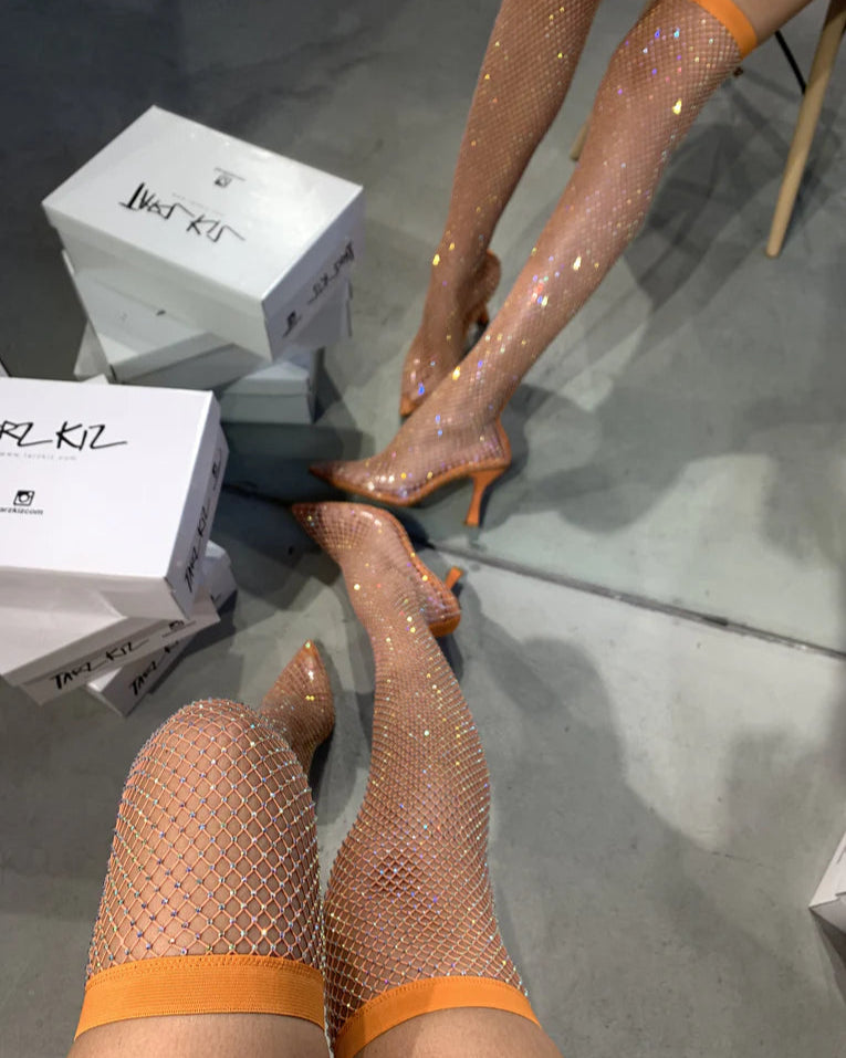 Rhinestone Fishnet Thigh - High Boots