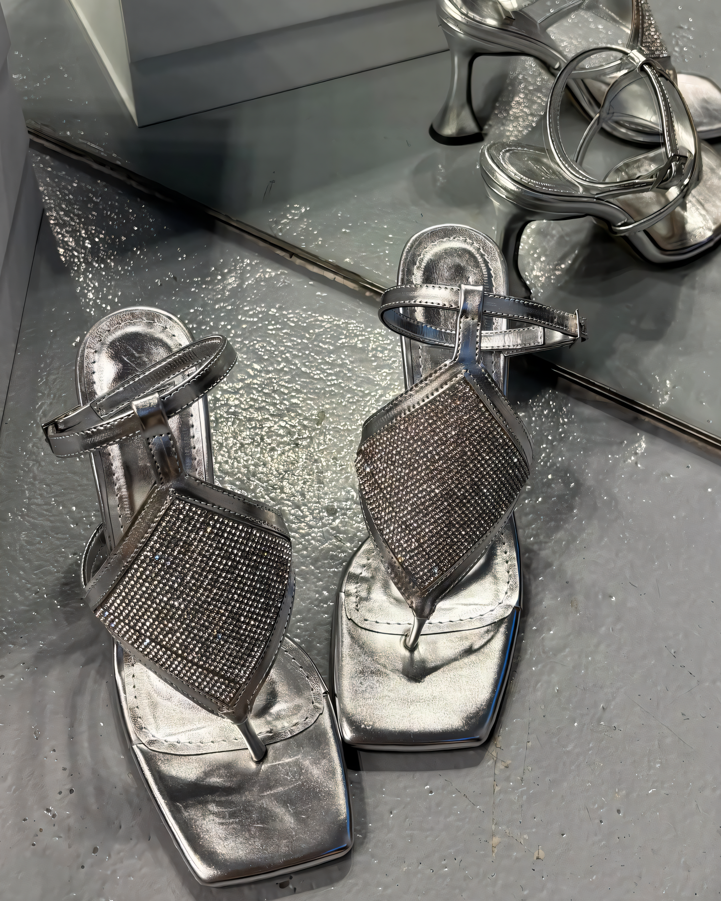 Silver Rhinestone - Embellished Heeled Sandals