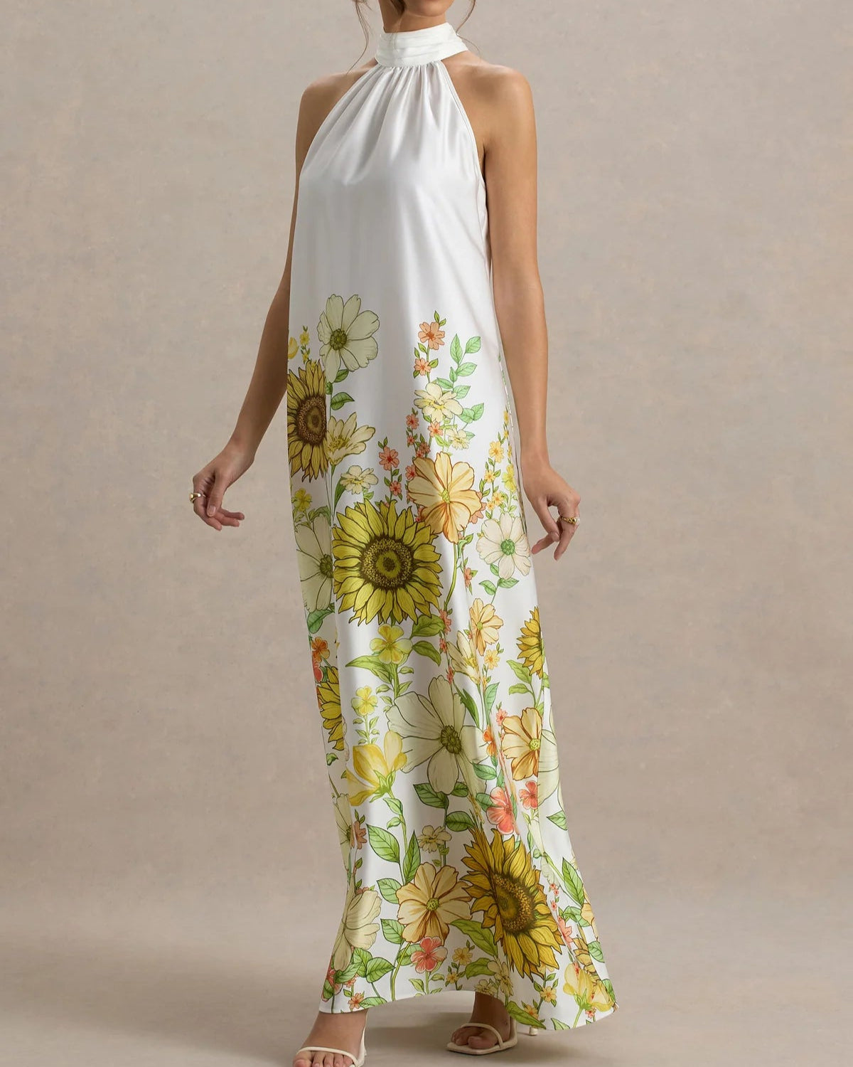 Sunflower - Print Satin Halter Neck Maxi Dress