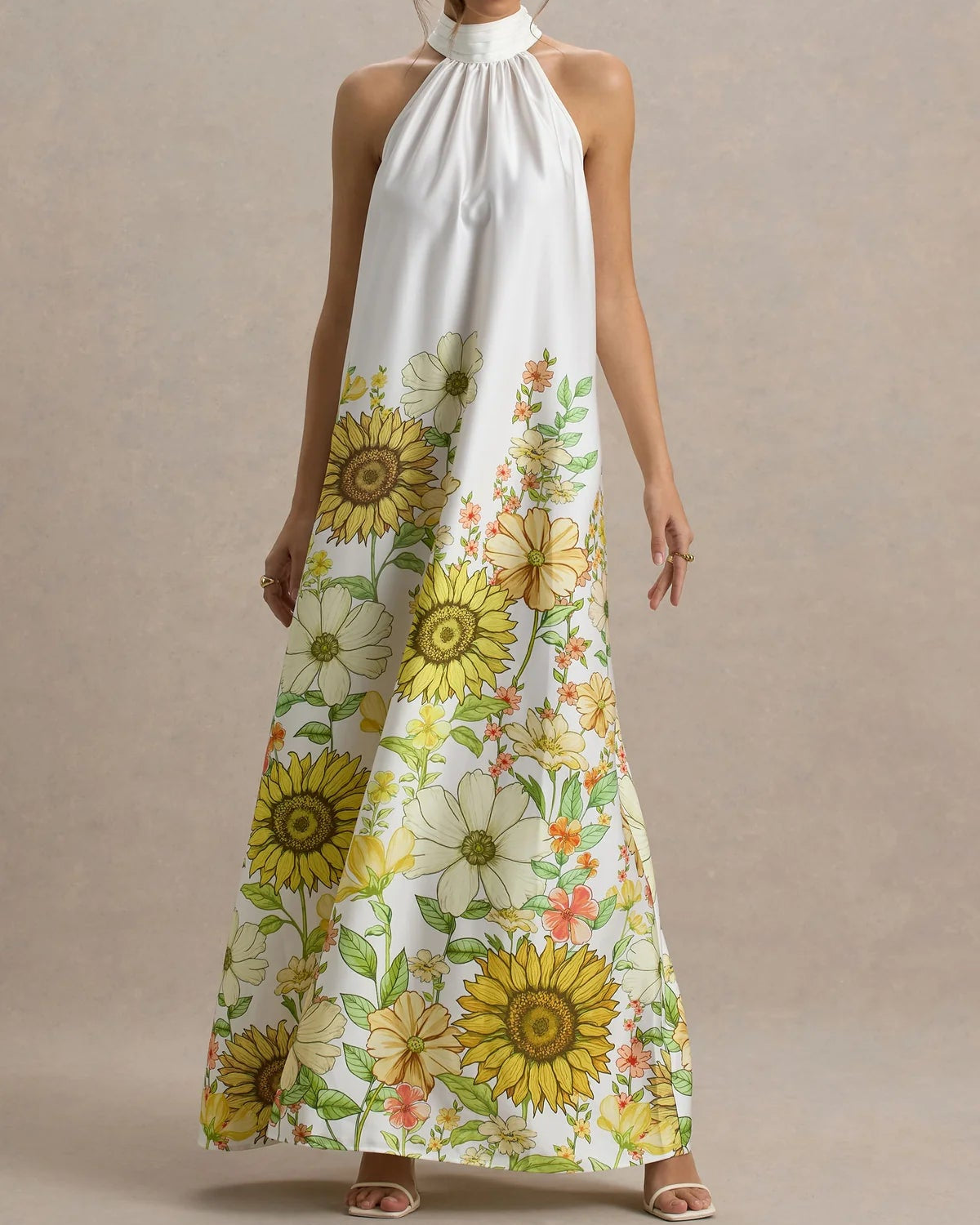 Sunflower - Print Satin Halter Neck Maxi Dress