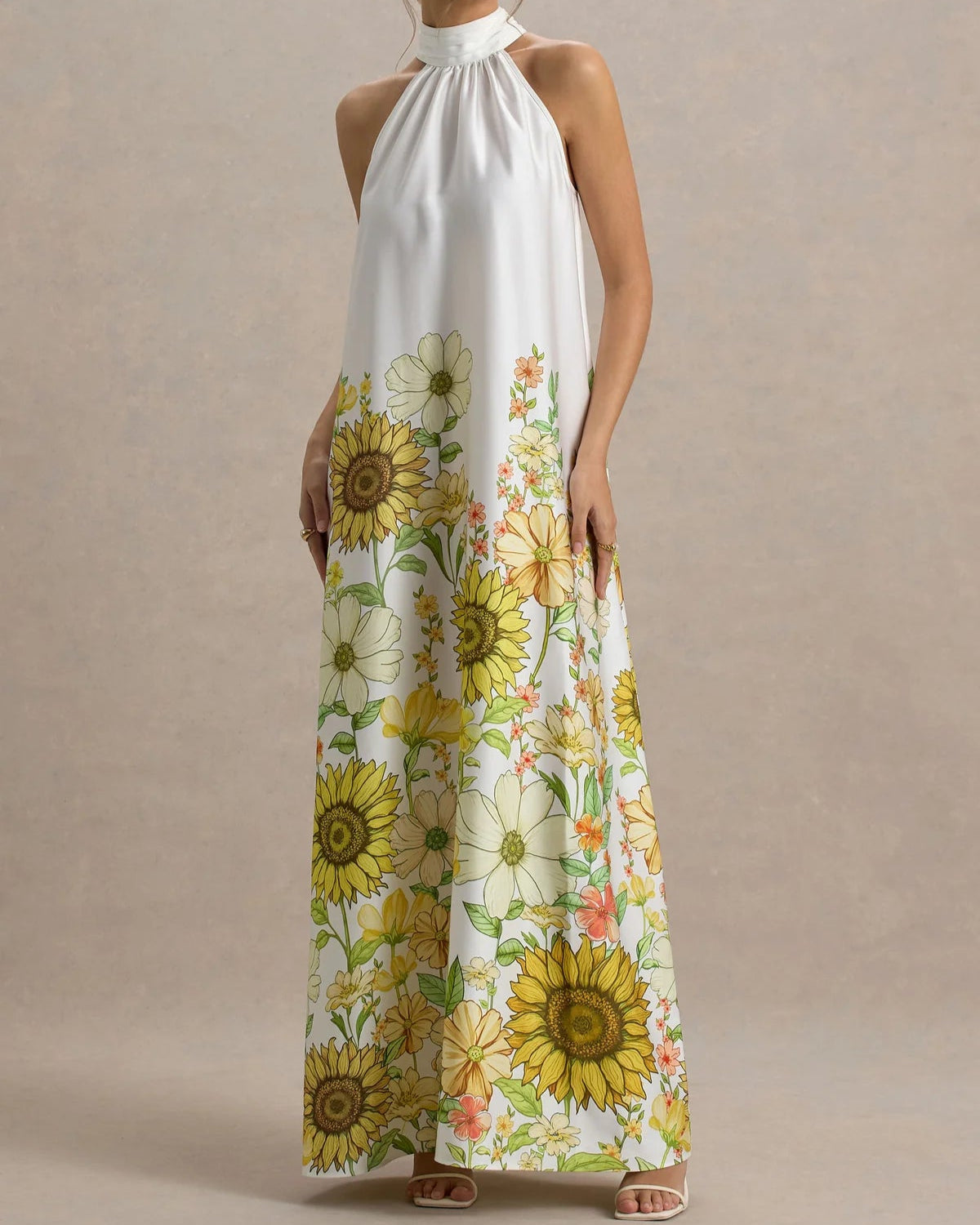 Sunflower - Print Satin Halter Neck Maxi Dress